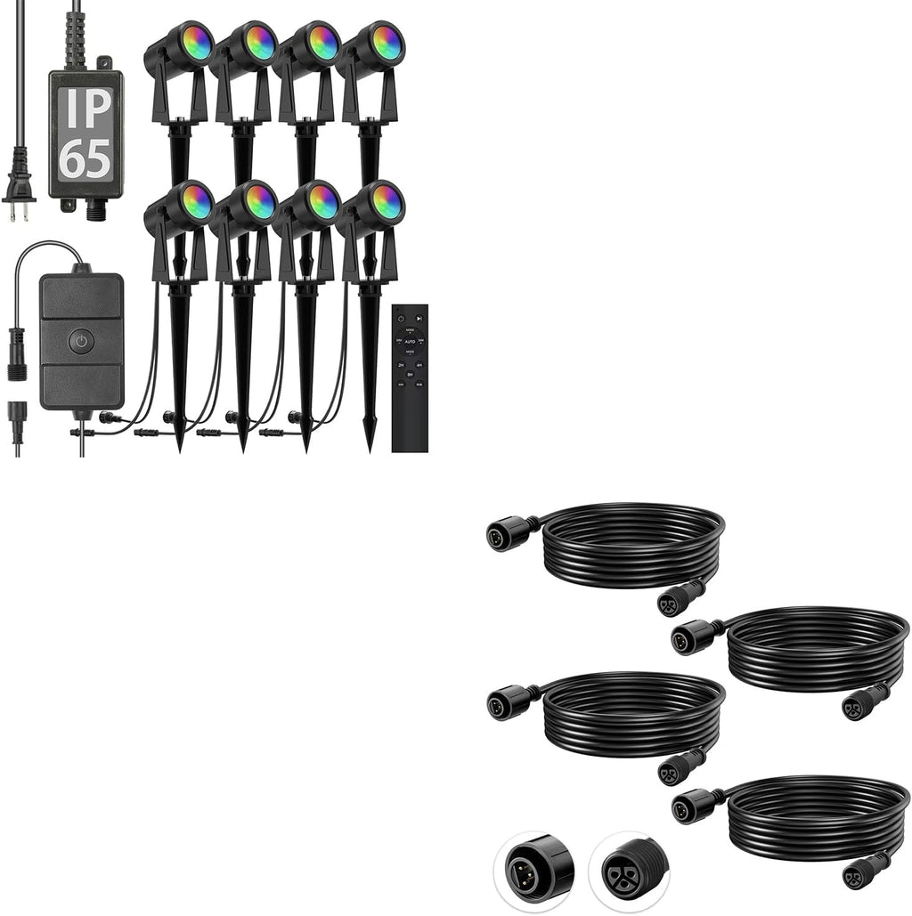SUNTHIN RGBW Color Changing Spotlights 8 Pack with 4pcs 6.5FT Extension Cord with 3-Pin for RGBW Outdoor Landscape Spotlights