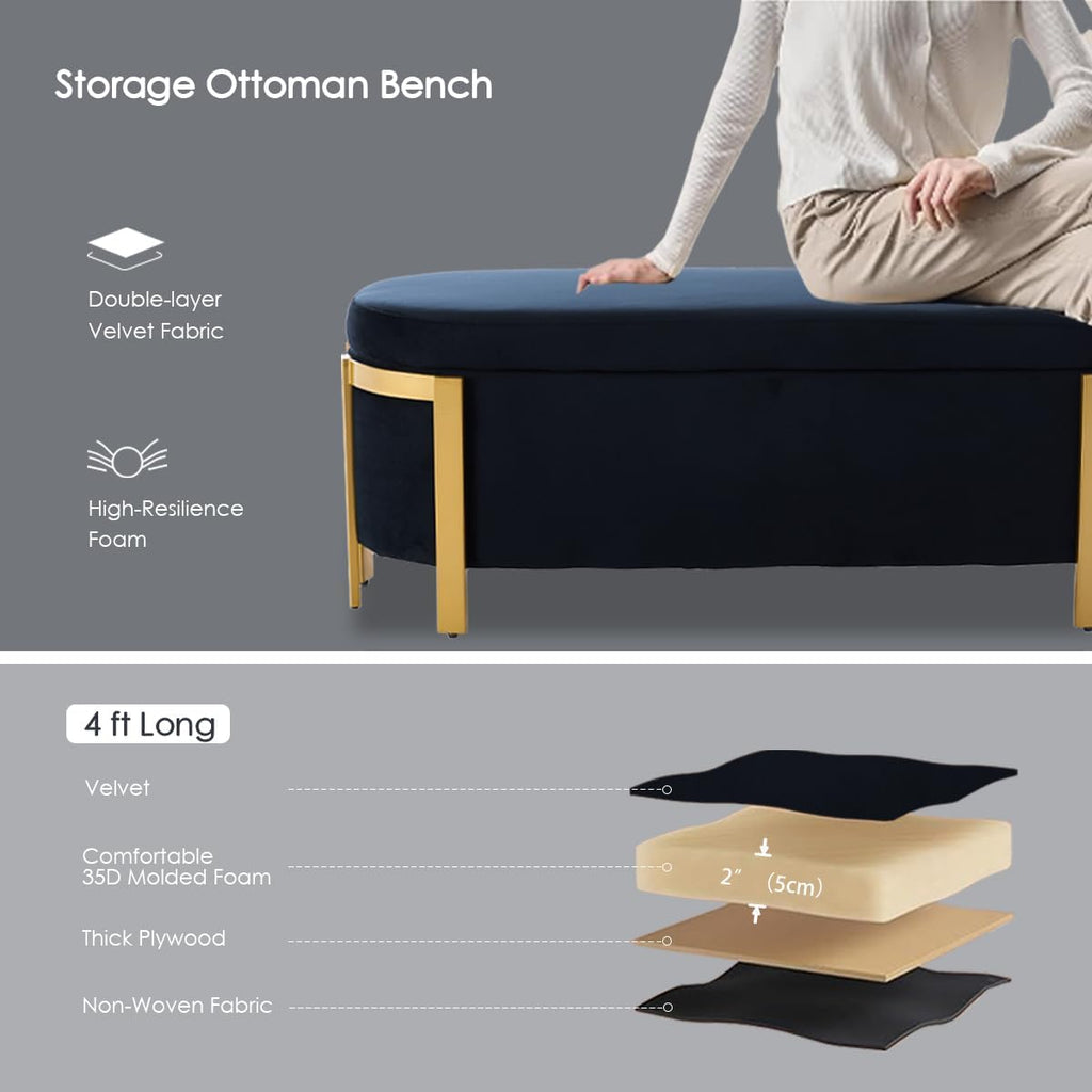 Hyfirm 48' Black and Gold Velvet Storage Ottoman Bench – Oval Upholstered Stool with Padded Seat, Long Settee for Bedroom, Living Room, End of Bed, Entryway, Hallway
