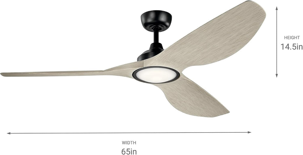 Kichler Imari 65 in 3-Blade Modern LED Indoor Outdoor Ceiling Fan with Light, Dimmable 2300 Lumens in Satin Black with Walnut Finish for Large Rooms, 300365SBK
