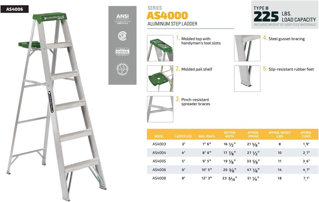 Louisville Ladder AS4006 6-Foot Aluminum Step Ladder, 225-Pound Capacity, Green, 6 Feet