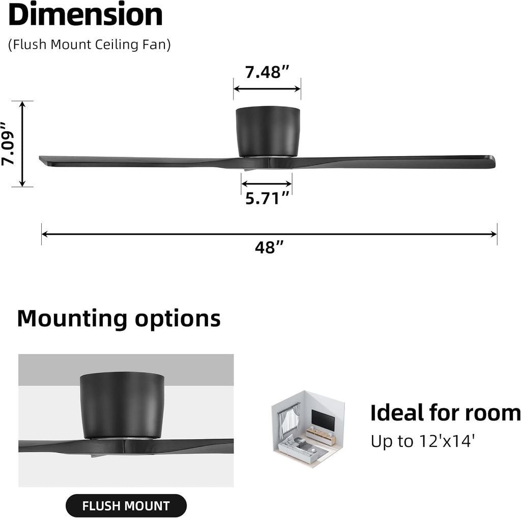 WINGBO 48 Inch Flush Mount DC Ceiling Fan without Lights, 3 Carved Wood Blades, 6-Speed Noiseless Reversible DC Motor, Hugger Ceiling Fan No Lights in Black Finish, ETL Listed