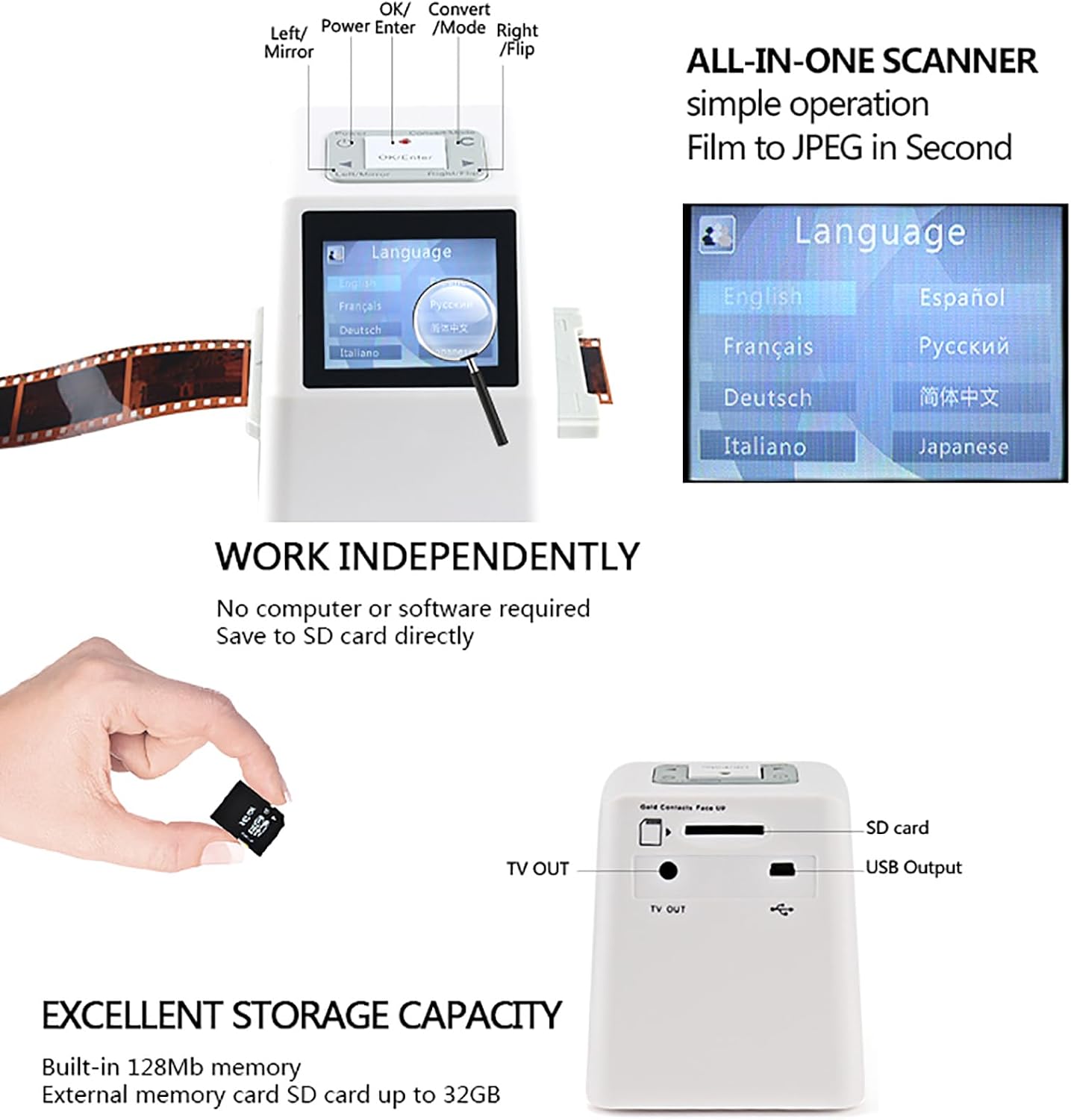 Film Scanner, Slide Negative Scanner with 2.4' LCD Screen and Built-in 128 Mb Memory, Converts 135mm, 126, 110, Super 8 Film Negatives Slides to 20 Megapixel JPEG Images, for Family