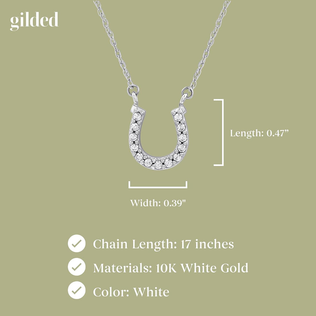 GILDED 10K White Gold Horseshoe Necklace with Natural Round-Cut Diamonds and 17' White Gold Rope Chain, 14K Yellow Gold Plated on Sterling Silver Horseshoe Necklace and 17' Cable Chain, 1/10 Carat Total Weight Diamonds & Elegant Gift Box Included