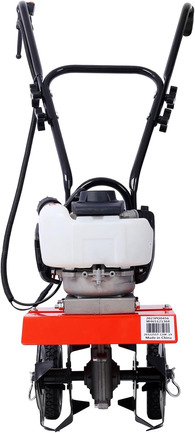 Mini Tiller Cultivator, Tiller Cultivator Gas Powered, 37.7CC 4-Stroke Garden Cultivator, Tiller with 4 Steel Adjustable Front Tines for Lawn, Garden and Field Soil Cultivation - Red