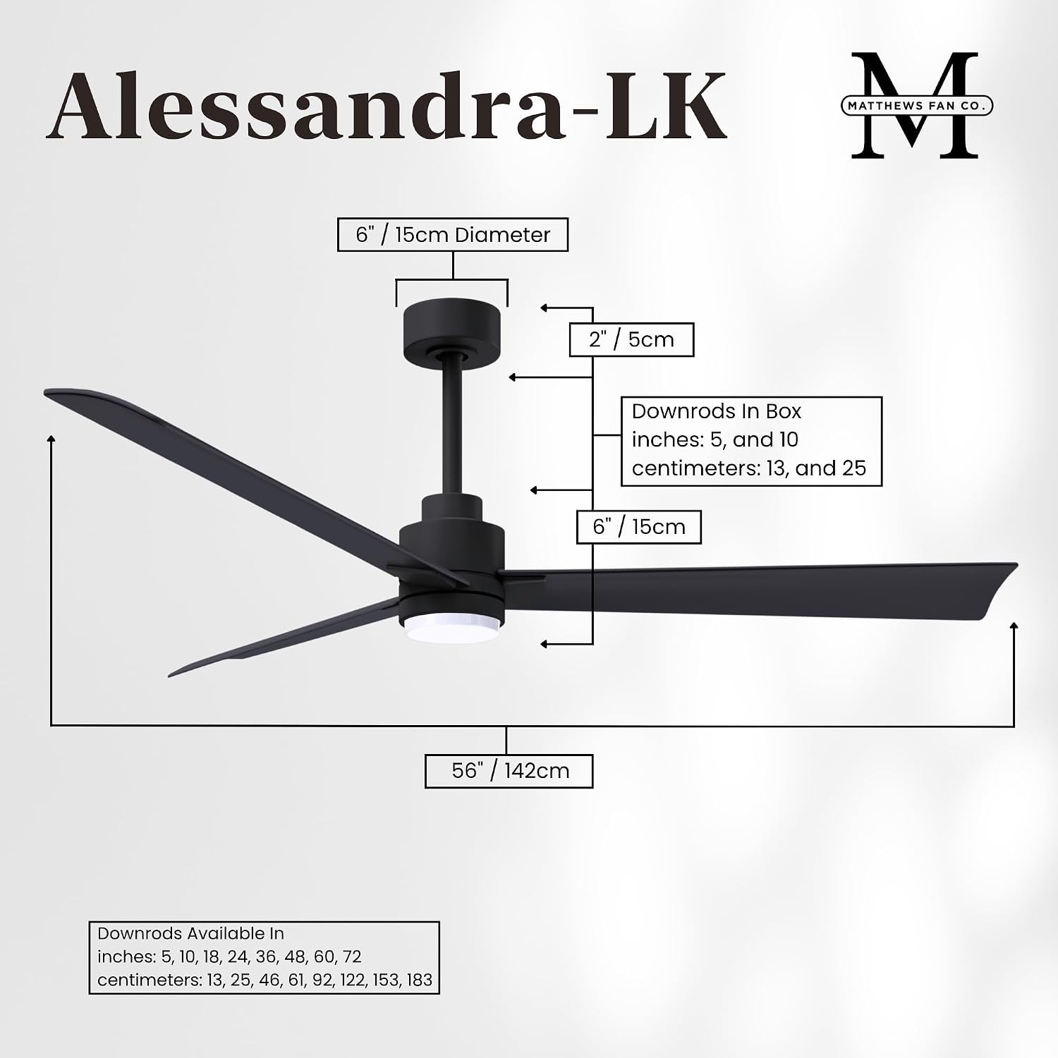 Matthews AKLK-BK-BK-56 Alessandra Wet Rated 56' Outdoor Ceiling Fan with Light and Remote, Silent DC Motor, 3 ABS Blades, Matte Black