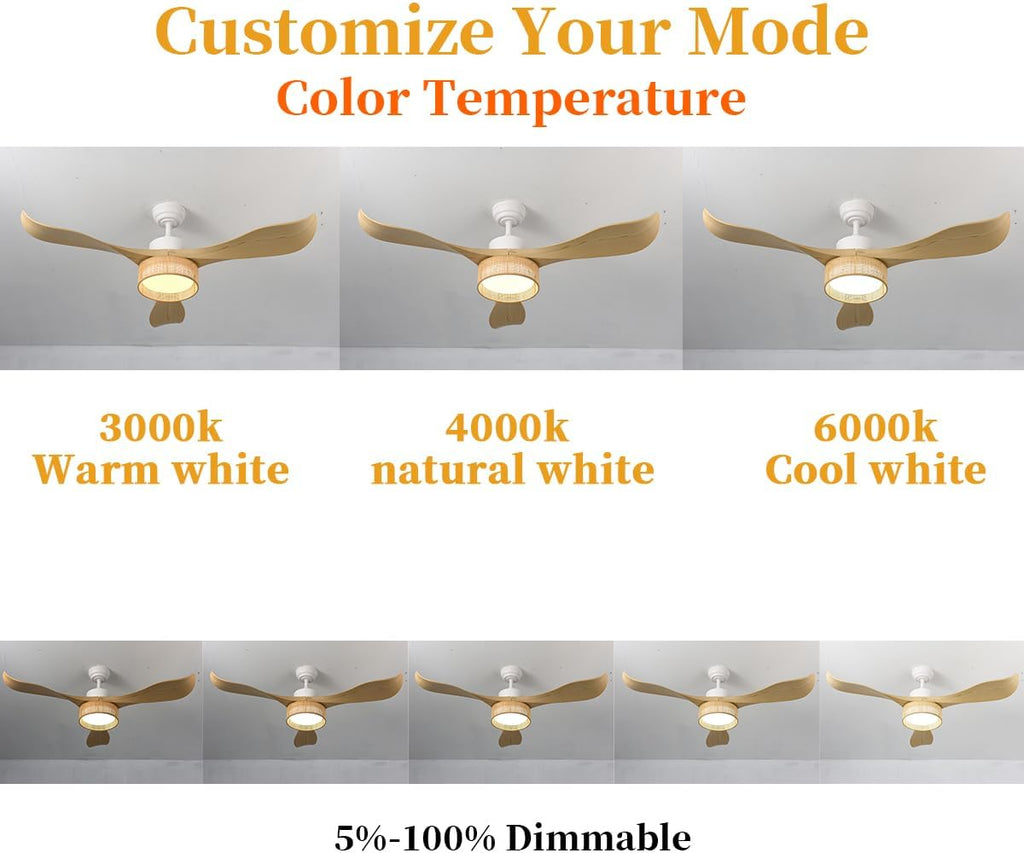 Eamonex 52 inches LED Bamboo DC Ceiling Fan with Light Fixture and Remote Control,Boho Wooden Bohemian Dimmable Rattan Wicker Fandelier for Indoor,Outdoor,Bedroom,Living room,Dining room