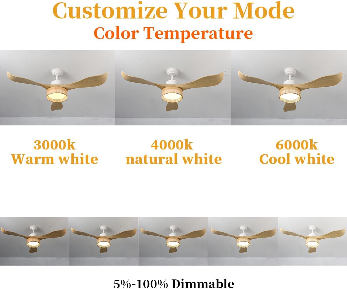 Eamonex 52 inches LED Bamboo DC Ceiling Fan with Light Fixture and Remote Control,Boho Wooden Bohemian Dimmable Rattan Wicker Fandelier for Indoor,Outdoor,Bedroom,Living room,Dining room