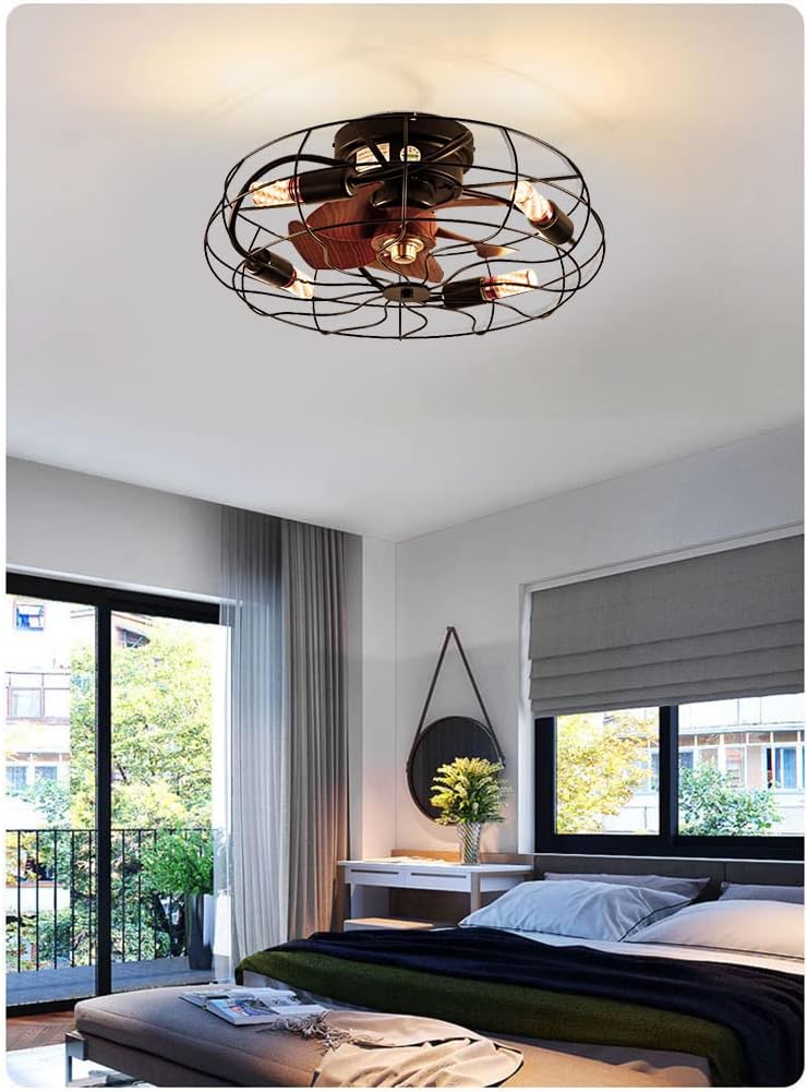 OUFULA American Style Lighting Ceiling Fan Retro Wood Grain Lamp with Remote Control Bedroom LED Decorative