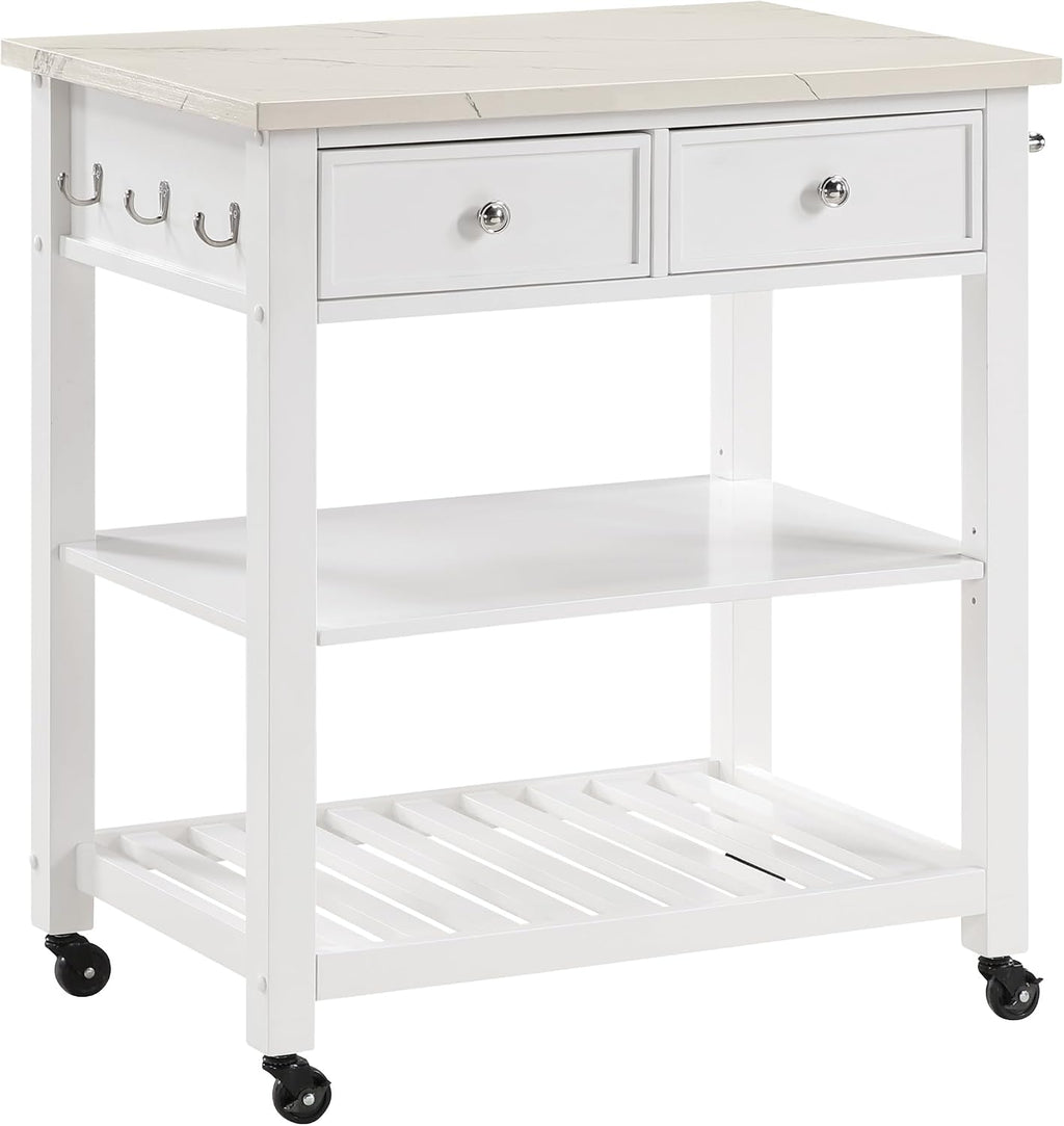 OSP Home Furnishings Litchfield Modern Farmhouse Kitchen Cart, Solid Wood Frame with Storage Drawers, Shelves, Locking Casters, White with Faux Marble Top