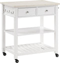 OSP Home Furnishings Litchfield Modern Farmhouse Kitchen Cart, Solid Wood Frame with Storage Drawers, Shelves, Locking Casters, White with Faux Marble Top