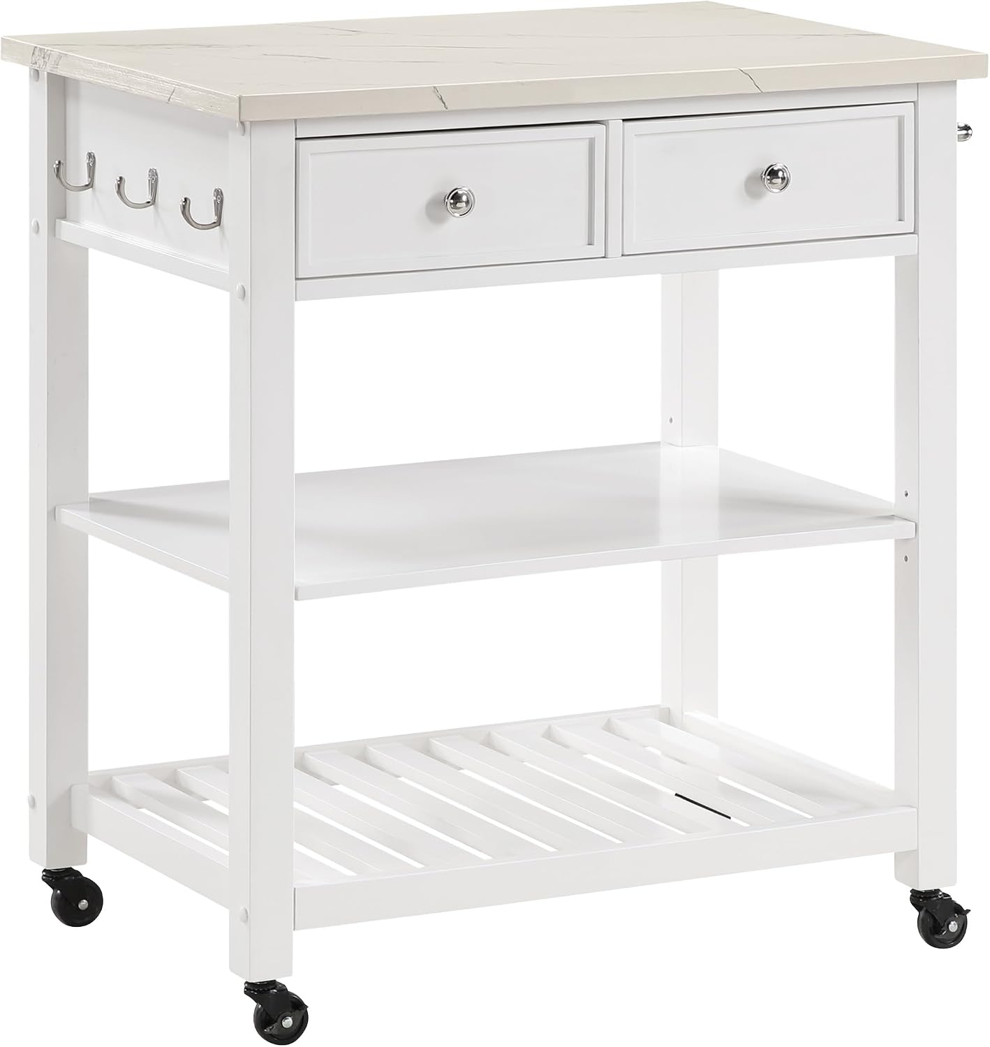 OSP Home Furnishings Litchfield Modern Farmhouse Kitchen Cart, Solid Wood Frame with Storage Drawers, Shelves, Locking Casters, White with Faux Marble Top