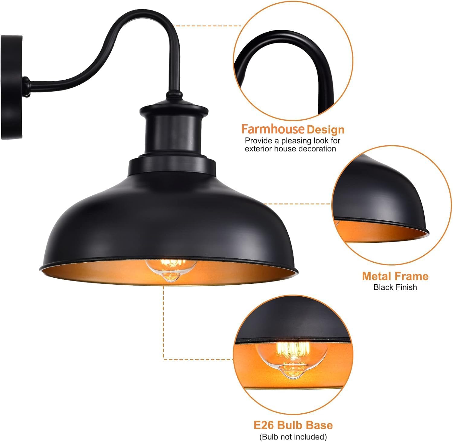 Outdoor Barn Lights, Farmhouse Outdoor Wall Sconces, Rustic Exterior Wall Mount Lights, Vintage Outside Lighting Fixtures, Industrial Black Gold Lanterns for Porch Garage Patio, 4 Pack