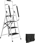 4 Step Ladder Folding Step Stool Ladder for Adults with Handrails and Tool Bag - 330lb Capacity Nonslip Steel Frame Stepping Stool - Foldable Ladders for Home Repair, Kitchen or Bedroom by Stalwart