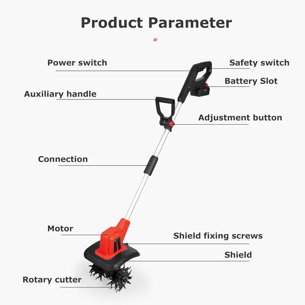 Electric Tiller 20V – Garden Soil Cultivator/Rotavator – 4 Steel Blades,25cm Working Width/22cm Working Depth