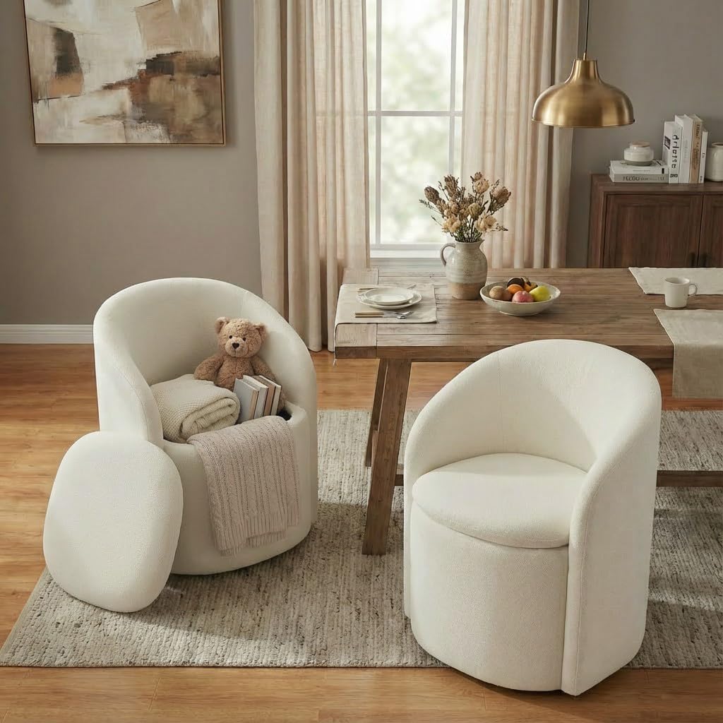 KISLOT Upholstered Dining Chairs with Casters, No Assembly Rolling Modern Dining Room Chairs with Hidden Storage & Barrel Backrest, Accent Chair for Bedroom, Living Room, Dressing, Linen, Set of 1