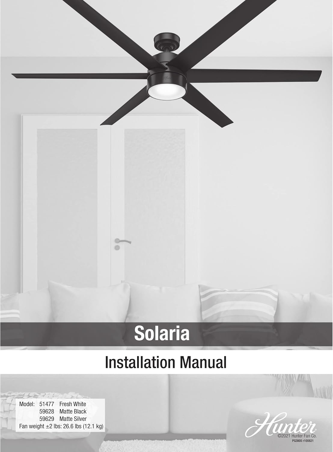 Hunter 72 inch Outdoor or Indoor Ceiling Fan with LED Light - Ceiling Fan with Wall Control, For Patio, Garage, or Porch, Quiet, Standard Mount, 6 Blades - Solaria 59629, Matte Silver
