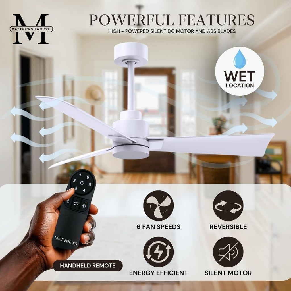 Matthews AK-MWH-MWH-42 Alessandra Wet Rated 42' Outdoor Ceiling Fan without Light, Remote Included, Silent DC Motor, Matte White