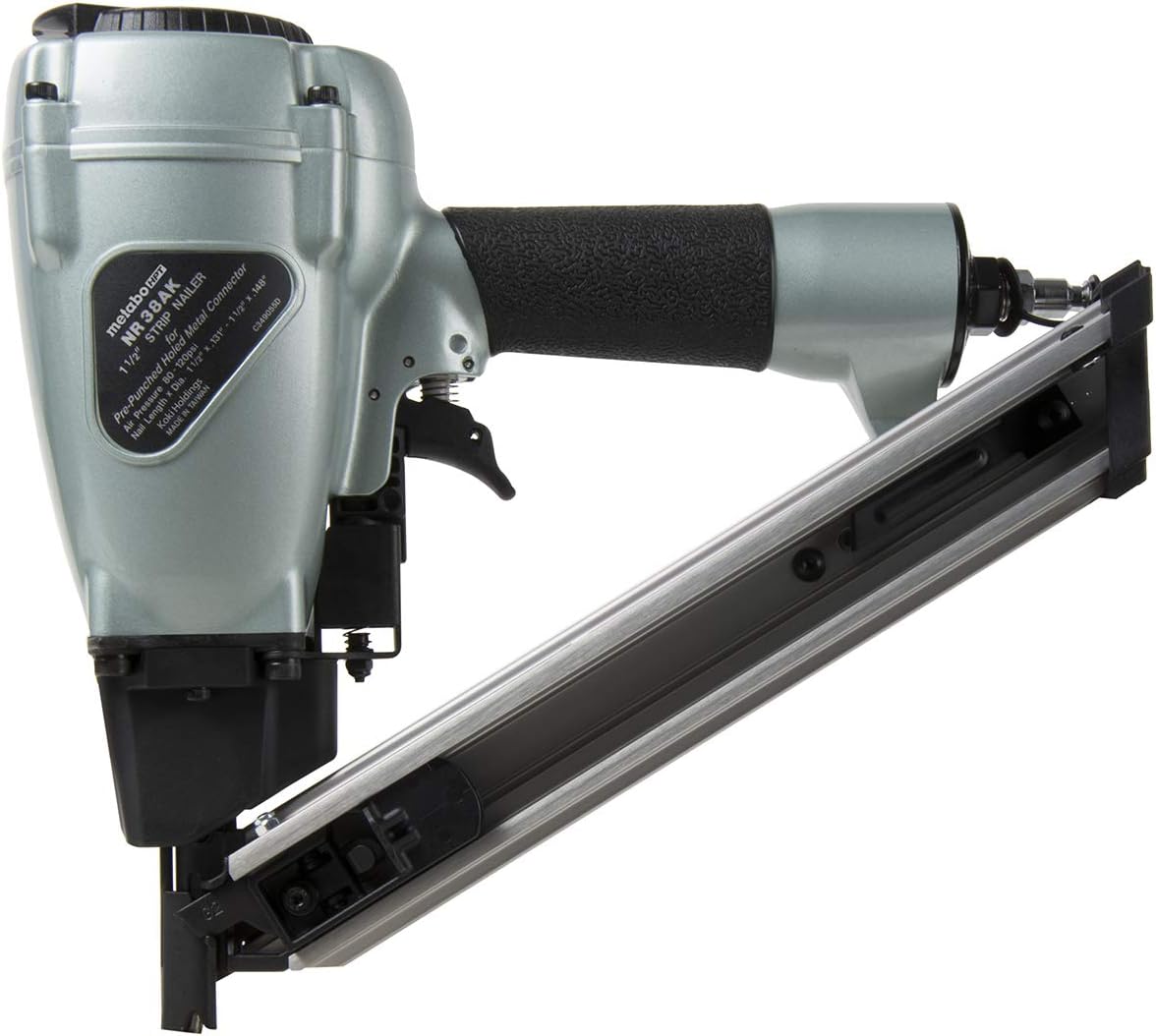 Metabo HPT Strap-Tite Fastening System Strip Nailer, Pro-preferred Pneumatic Power Nailers, Metal Connector Tool for Fastening Metal Connectors to Wood, 36° Magazine, 1-1/2″ Connector Nails, NR38AK