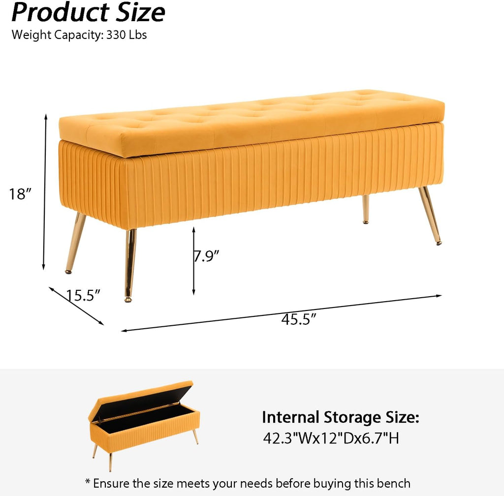 Velvet Storage Bench for Bedroom, Upholstered End of Bed Bench Modern Tufted Ottoman with Gold Legs for Living Room/Window/Entryway (Mustard Yellow, Rectangle-45.5' W)