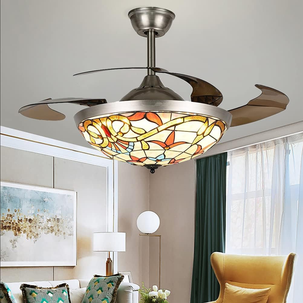 Fandian 42' Ceiling Fan with Lights Remote Control Modern Retractable Chandelier, 3 Color Lighting with Stained Glass shade Fandeliers Fixtures for Living/Bedroom