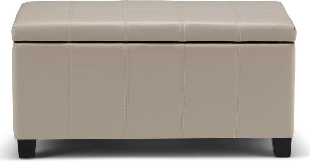 SIMPLIHOME Dover Storage Ottoman Bench - 36 inch Wide Upholstered Vegan Leather Rectangular Lift-Top Ottoman in Satin Cream, Contemporary Bench for Living Room with Safety Hinges