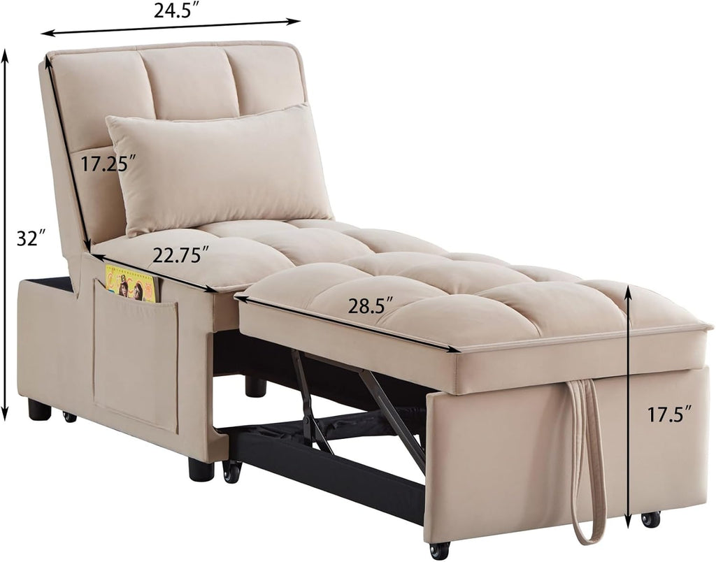 KEIKI Velvet Single Convertible Sleeper Chair Sofa Bed with Adjustable Backrest, Pillows & Storage Pockets, 3 in 1 Pull-Out Couch Chaise Lounge Recliner for Living Room Balcony Bedroom, Taupe