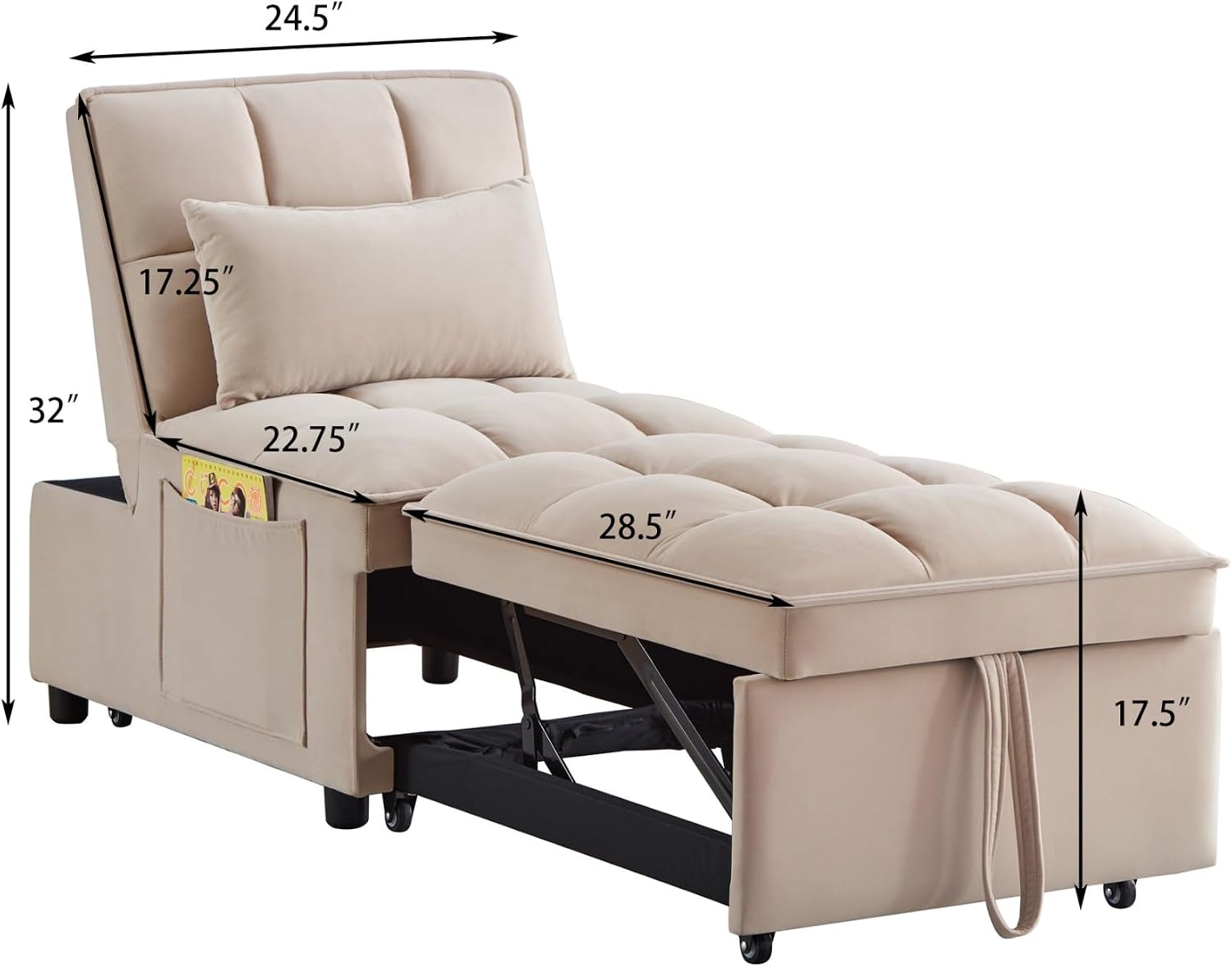 KEIKI Velvet Single Convertible Sleeper Chair Sofa Bed with Adjustable Backrest, Pillows & Storage Pockets, 3 in 1 Pull-Out Couch Chaise Lounge Recliner for Living Room Balcony Bedroom, Taupe