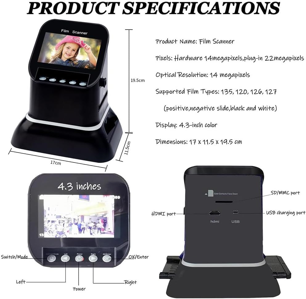 22MP High Resolution Film Slide Scanner Negative Scanner, 4.3' LCD All-in-One Digital Converter with 128MB Memory for Old Photo Slides & Films