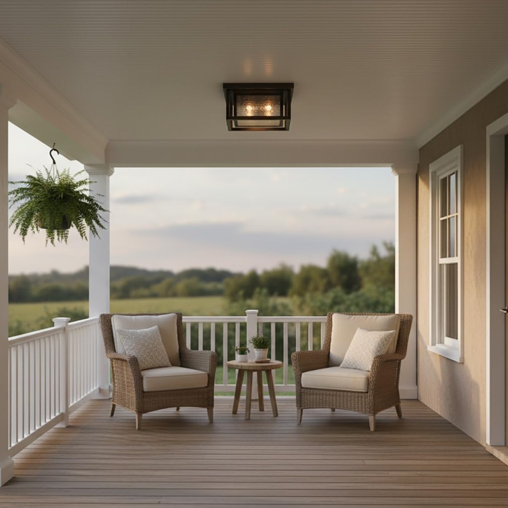 Hinkley Republic Small Flush Mount Outdoor Ceiling Light, Composite, Clear Seedy Glass Panes, Anti-Fading Finish, Oil Rubbed Bronze Finish
