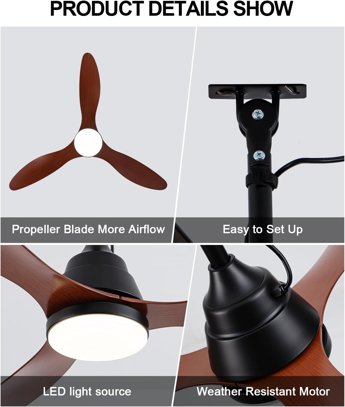 42' Outdoor Ceiling Fan with Light and Remote Control,Quiet DC Motor,3CCT 6-Speed,Plug-in Cord Hook Installation,IP65 Waterproof Gazebo Ceiling Fan with Light for Patios, Pergola, Canopy