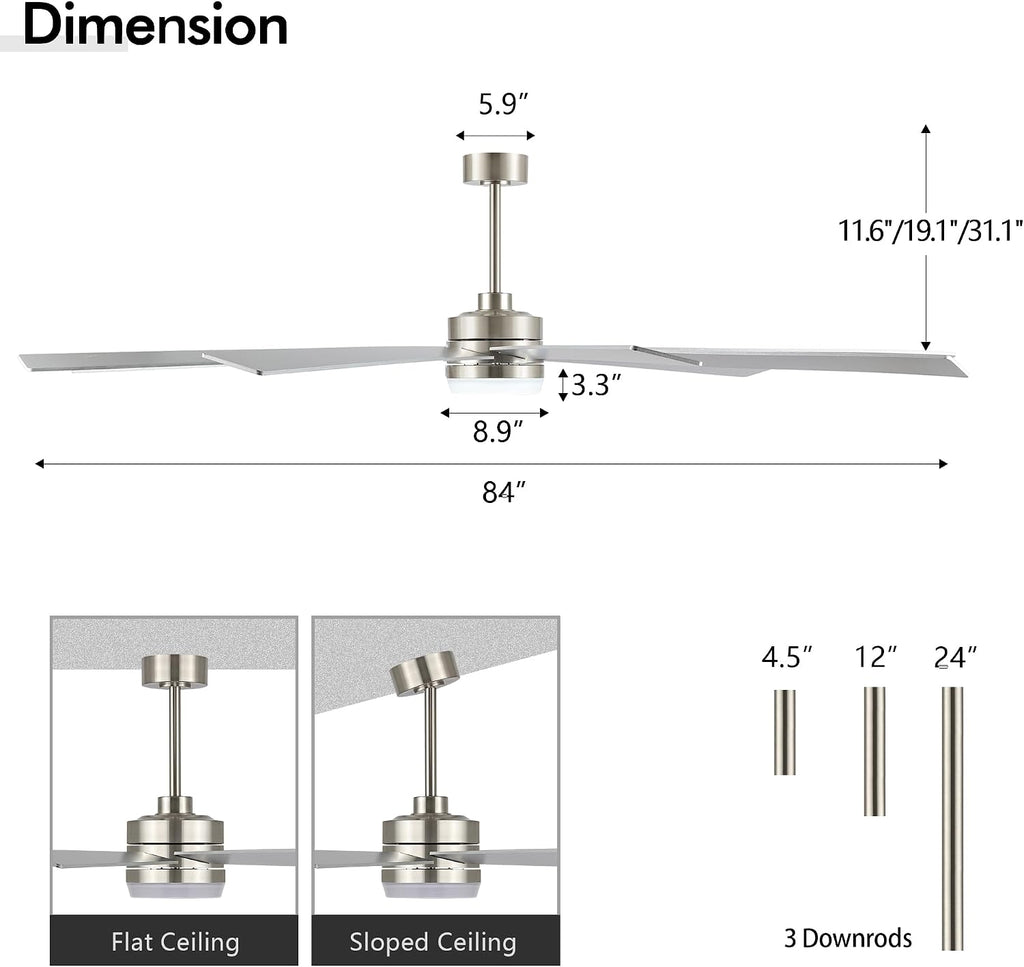 LEDLUX 84' DC Motor Ceiling Fan with Light, 6-Speed Remote Control, Reversible Motor, Modern 9 Blades Silver Ceiling Fan with 4.5'/12'/24' Downrods for Home or Commercial, Living Room/Restaurant