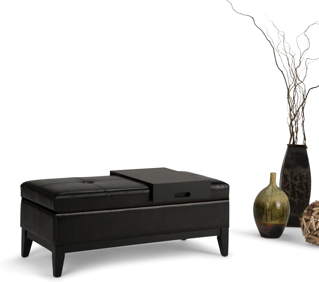 SIMPLIHOME Oregon Storage Ottoman Bench with Tray - 42 inch Wide Upholstered Vegan Leather Rectangle Ottoman Bench in Midnight Black, Transitional Tufted Ottoman for Living Room with Lift-Up Lid