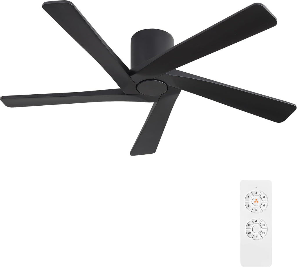 WINGBO 48 Inch Flush Mount DC Ceiling Fans without Lights, 5 Carved Solid Wood Blades, 6-Speed Reversible DC Motor, Low Profile Hugger Ceiling Fan No Lights for Indoor and Outdoor, Matte Black