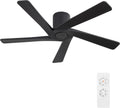 WINGBO 48 Inch Flush Mount DC Ceiling Fans without Lights, 5 Carved Solid Wood Blades, 6-Speed Reversible DC Motor, Low Profile Hugger Ceiling Fan No Lights for Indoor and Outdoor, Matte Black
