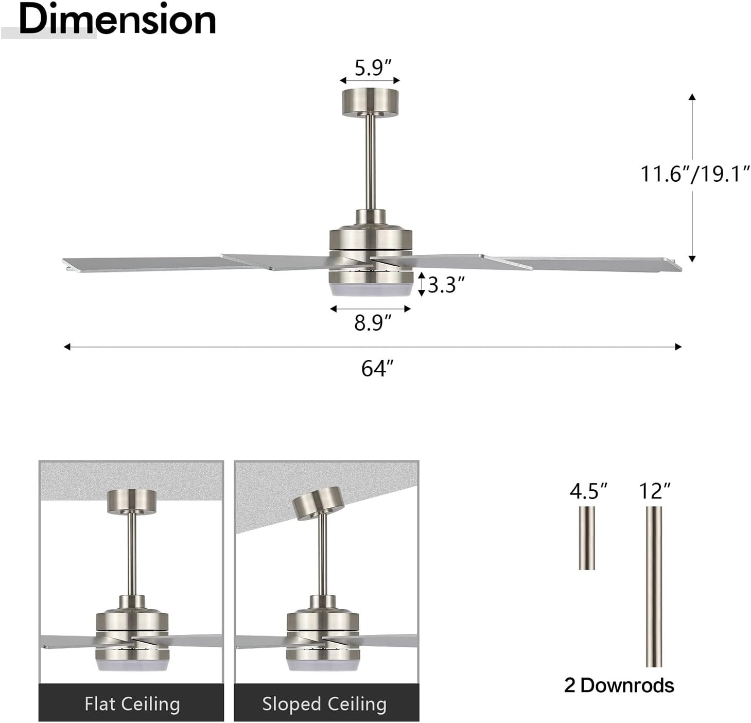LEDLUX 64' Ceiling Fan with Light Silver, 6-Speed Remote Control, Reversible DC Motor, Modern 9 Blades with 4.5'/12' Downrods for Home or Commercial, Living Room/Restaurant