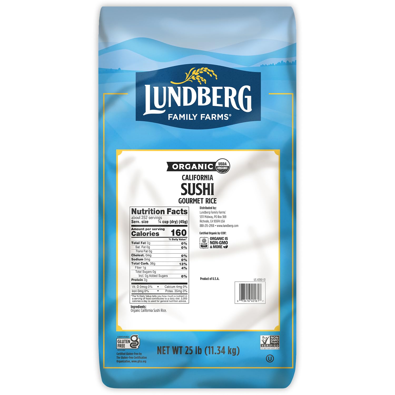 Lundberg Organic Sushi Rice, Bulk, Sticky White Japanese-Style Short Grains, Responsibly Grown in California, 25 Lbs