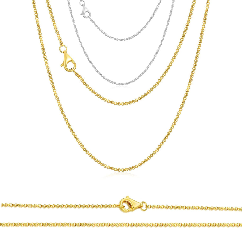 MRENITE Solid 18k Gold 1mm/1.1mm/1.3mm/3mm Round Rolo Cable Chain Necklace Gold Silver Chain Necklaces Lobster Clasp for Women 14' 16' 18' 20' 22' 24' 26' 28' 30'