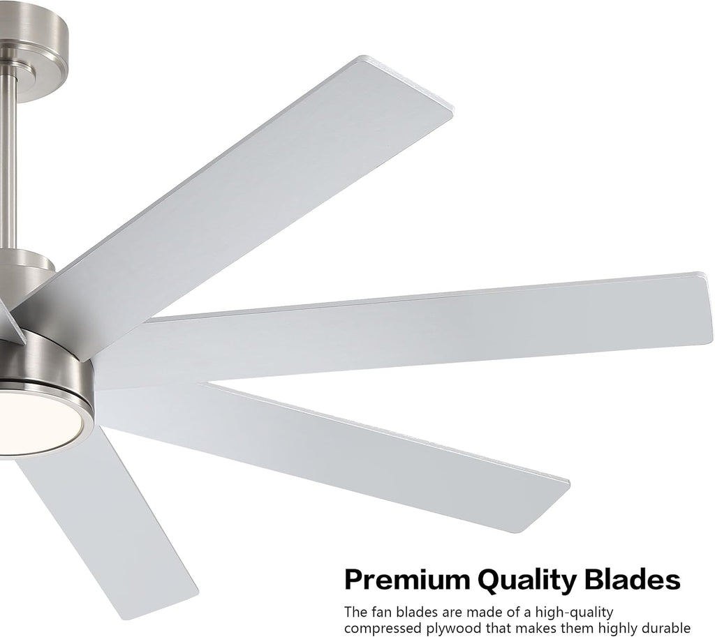 WINGBO 60' Large DC Ceiling Fans with Lights and Remote, 3 Downrods, 8 Plywood Blades, 6-Speeds Reversible DC Motor, 3CCT, Indoor Ceiling Fan for Bedroom Living Room Patio, Brushed Nickel and Silver