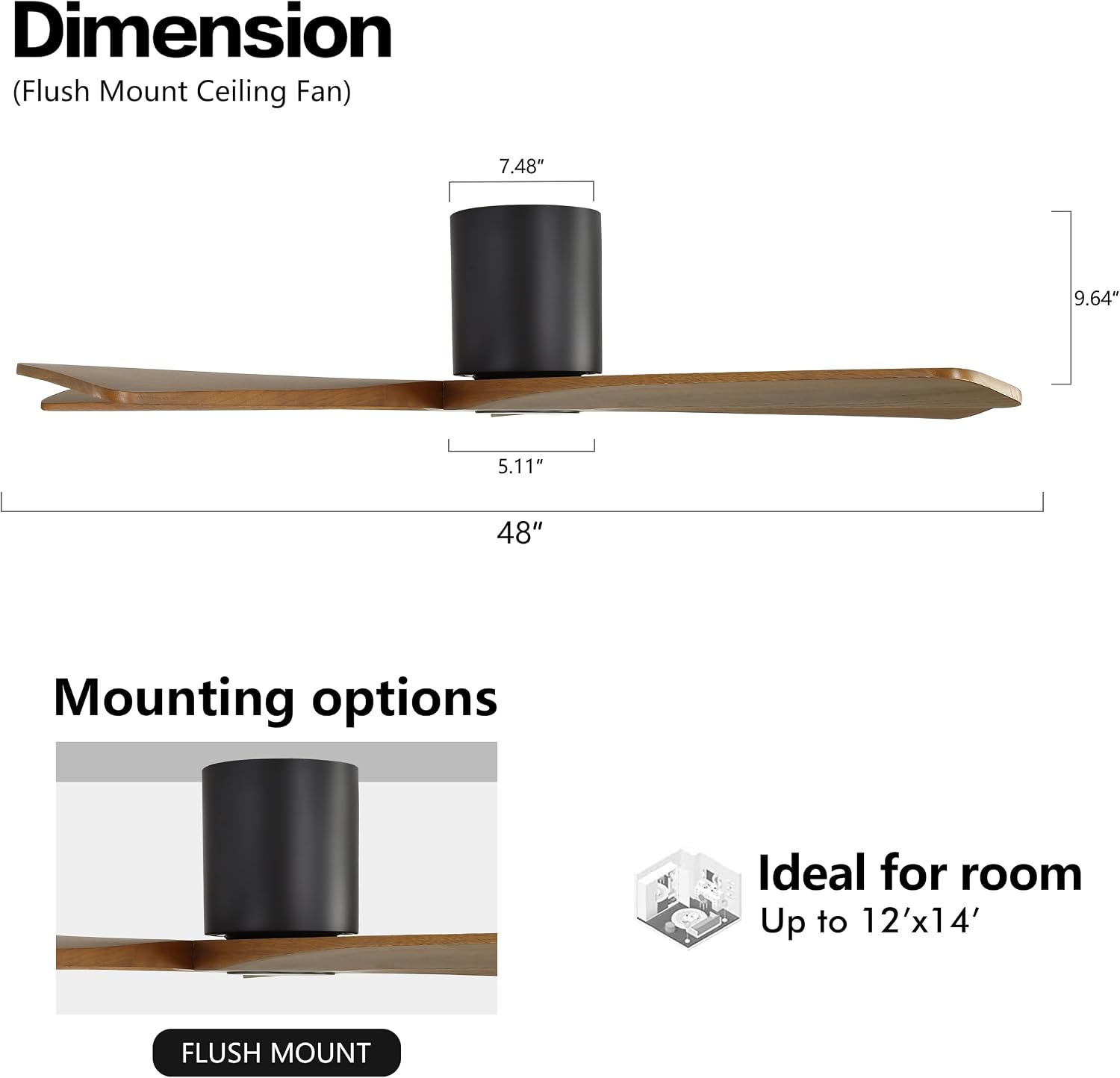 WINGBO 48 Inch Flush Mount DC Ceiling Fan without Lights, 5 Reversible Carved Wood Blades, 6-Speed Noiseless DC Motor, Hugger Ceiling Fan No Lights in Matte Black Finish with Walnut Blades, ETL Listed
