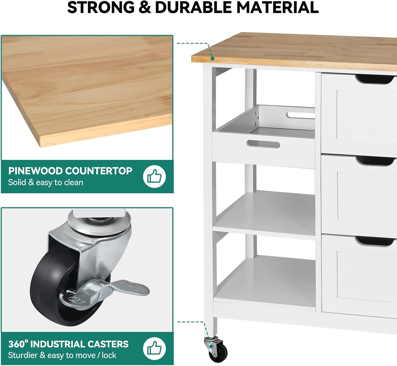 YITAHOME Small Solid Wood Top Kitchen Island Cart on Wheels with Storage, Rolling Portable Dining Room Serving Utility Carts Mobile Movable with 3 Drawers Cabinet, Oak & White
