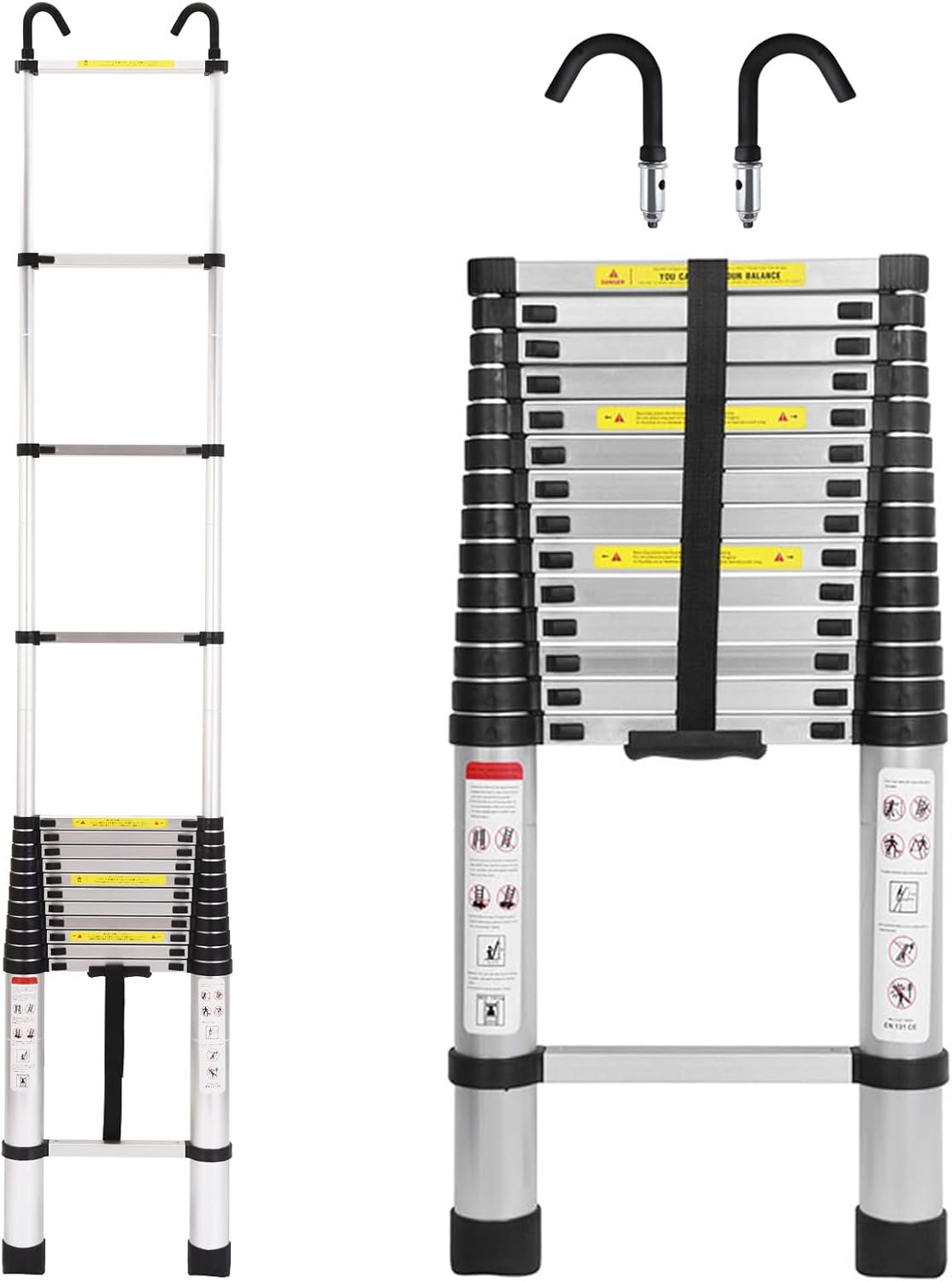 Telescoping Ladder Aluminum 20.3FT 6.2m Extension Ladder with Detachable Hooks, EN131 Standard 330lbs Load Capacity, Adjustable Height Portable Home Step Ladder Weights 36lbs