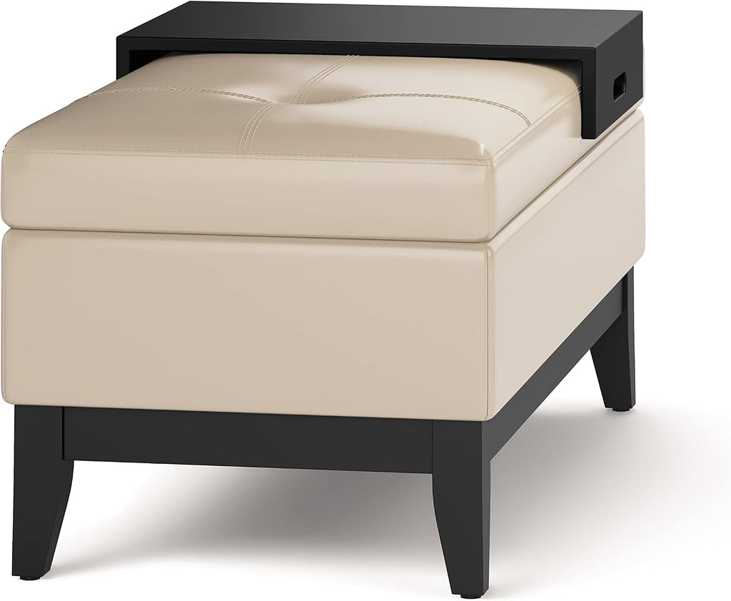 SIMPLIHOME Oregon Storage Ottoman Bench with Tray - 42 inch Wide Upholstered Vegan Leather Rectangle Storage Ottoman Bench in Satin Cream, Transitional Tufted Ottoman for Living Room with Lift-Up Lid
