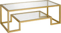Henn&Hart 45' Rectangular Coffee Table with Glass Top and Raised Lower Shelf for Living Room, Family Room, or Office, Gold
