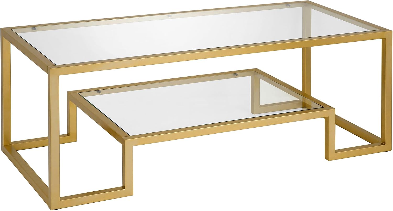 Henn&Hart 45' Rectangular Coffee Table with Glass Top and Raised Lower Shelf for Living Room, Family Room, or Office, Gold