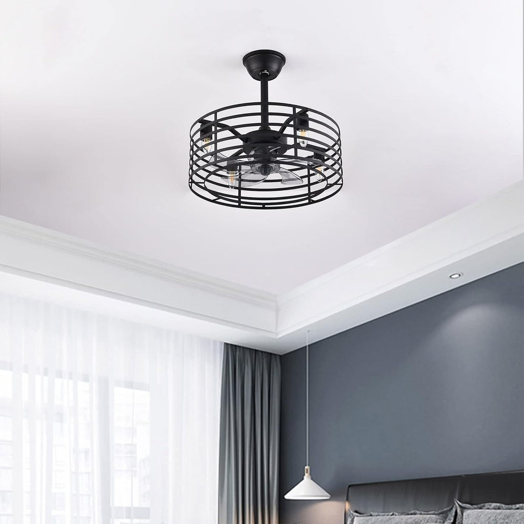 Industrial Ceiling Fan with Lights 20inch Enclosed Ceiling Fan Indoor w/Remote, Black Caged Retro Ceiling Fan Metal Bladeless Chandelier Fan Lighting for Living Dining Room Bedroom Kitchen