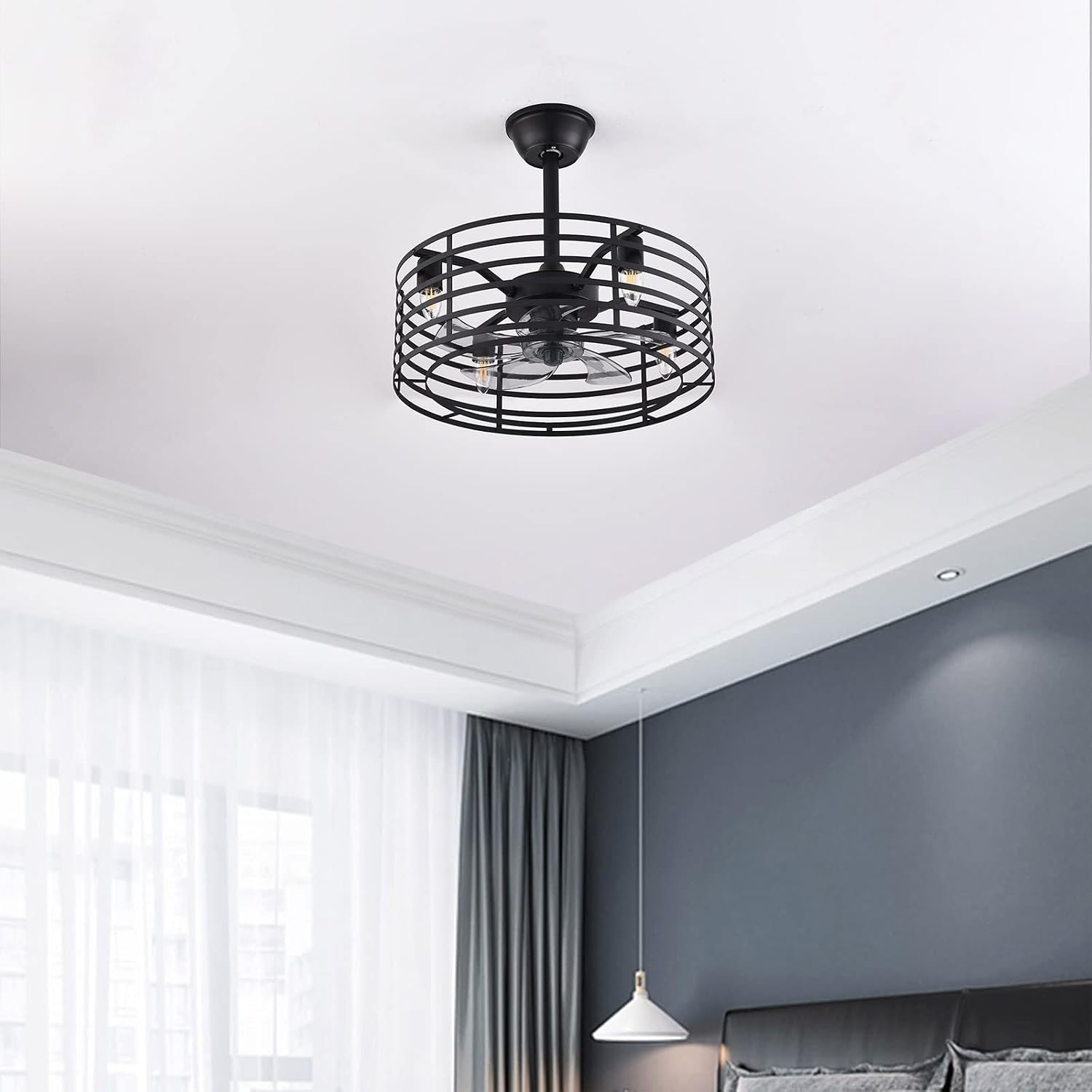 Industrial Ceiling Fan with Lights 20inch Enclosed Ceiling Fan Indoor w/Remote, Black Caged Retro Ceiling Fan Metal Bladeless Chandelier Fan Lighting for Living Dining Room Bedroom Kitchen