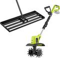 Saker 22V Cordless Electric Garden Tiller Cultivator with Saker Lawn Leveling Rake 30x10 Inch, 73-Inch Heavy Duty Lawn Leveler Tool