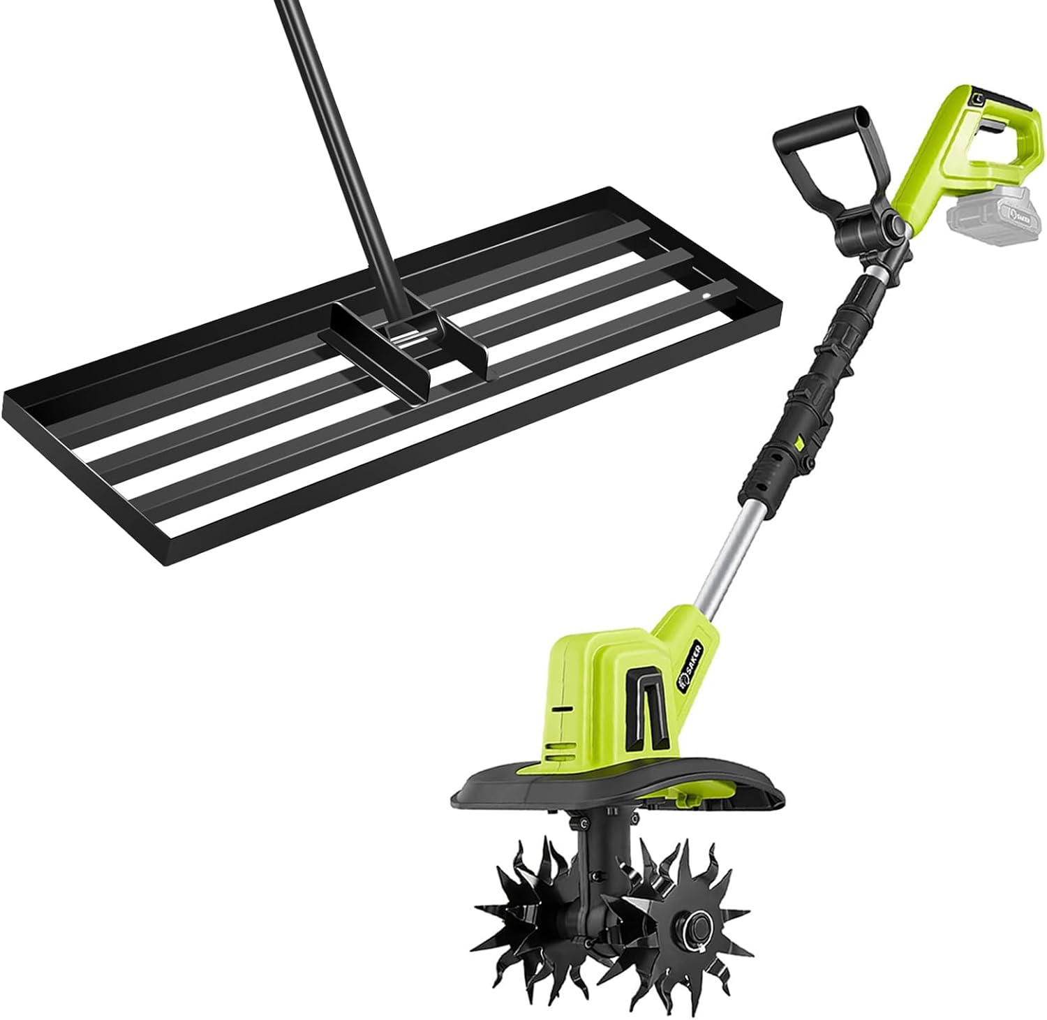 Saker 22V Cordless Electric Garden Tiller Cultivator with Saker Lawn Leveling Rake 30x10 Inch, 73-Inch Heavy Duty Lawn Leveler Tool