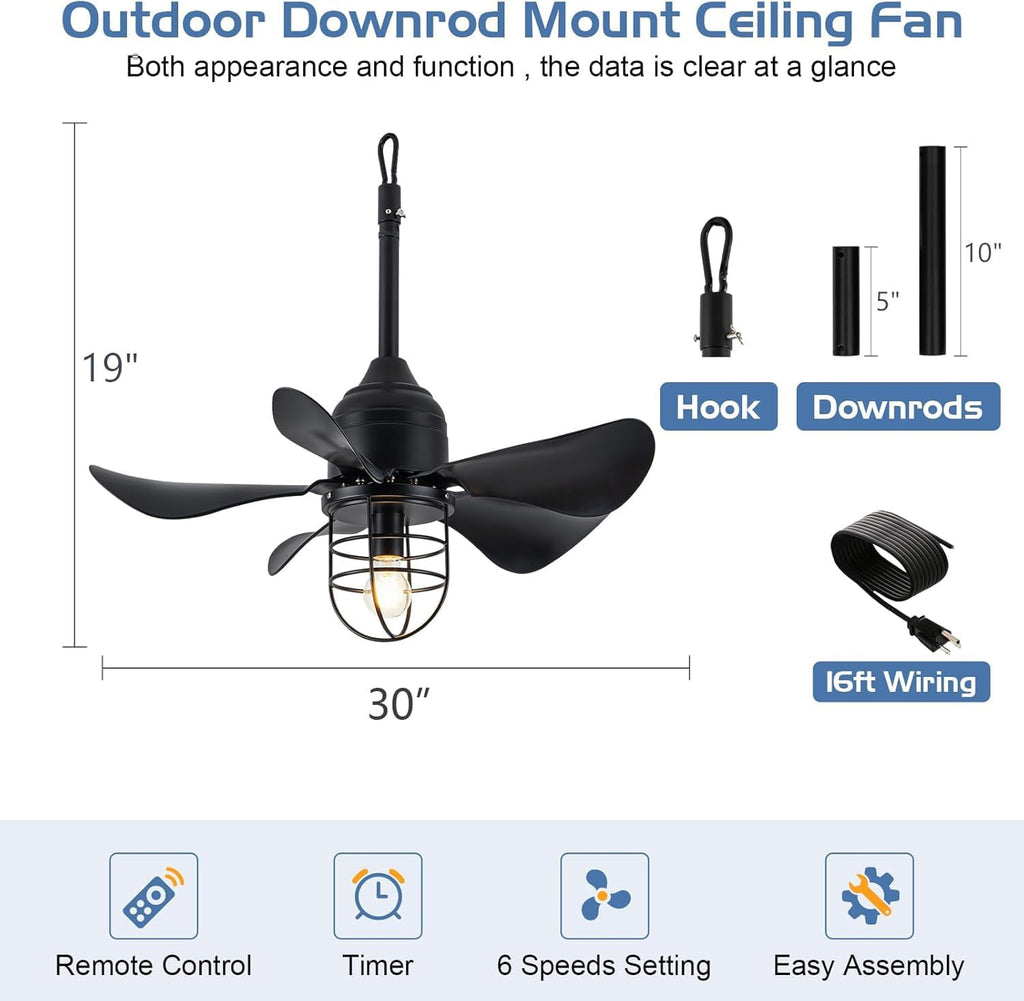 TIFEROR Outdoor Ceiling Fan with Light and Remote, IP65 Waterproof Ceiling Fan for patios, Plug In with Hanging and Hook, Lighting for Pergola, Canopy, Porch, Gazebo (BLACK)