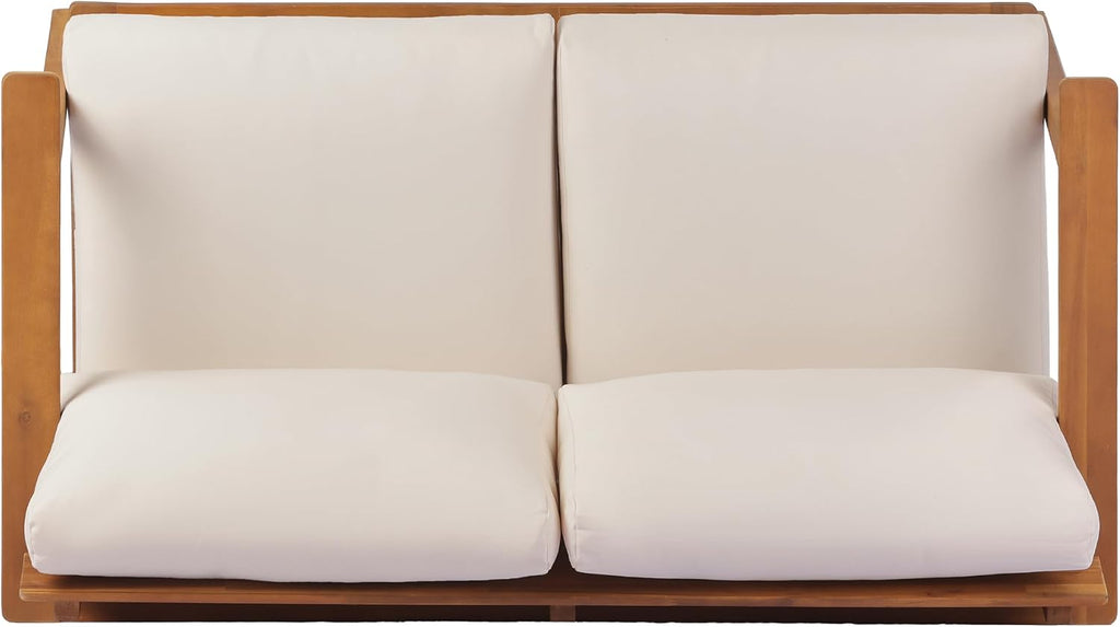 Christopher Knight Home Colmar 2 Pieces Conversation Set, Mid Century Patio Loveseat Sofa and Coffee Table, Outdoor Acacia Wood Loveseat and Table Set with Cushions in Slats Panels Design, Teak+ Beige